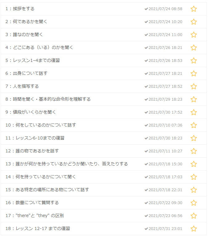 ネイティブキャンプ 文法教材 初級受講履歴
